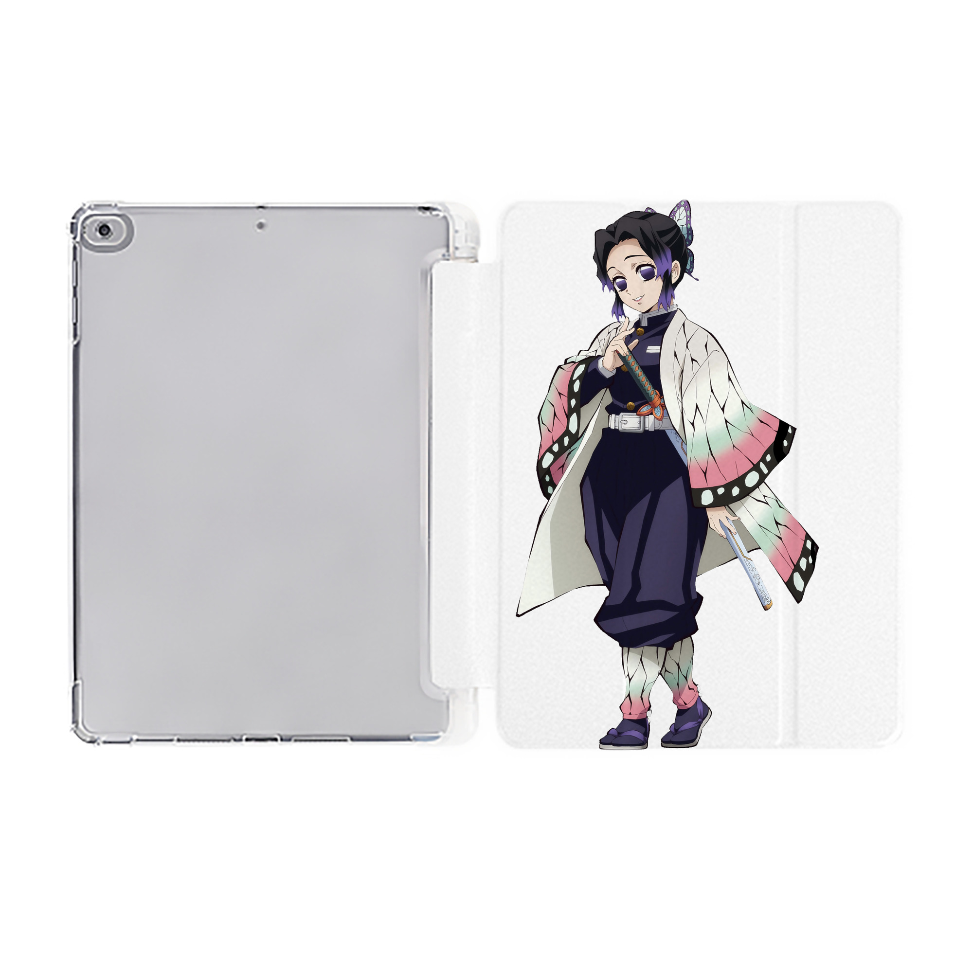 （画像用） 鬼滅の刃（きめつのやいば）蟲柱-胡蝶 しのぶ／こちょう しのぶ Kochou Shinobu IPad ケース ペン収納付き 三つ折りスタンド PUレザー×シリコン 対応機種9.5/10.5/10.9インチ